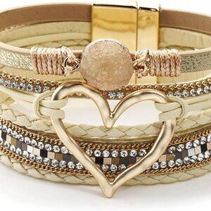 Multilayer Leather Wrap Bracelet Heart-Shape Wide Cuff Bracelets for Women